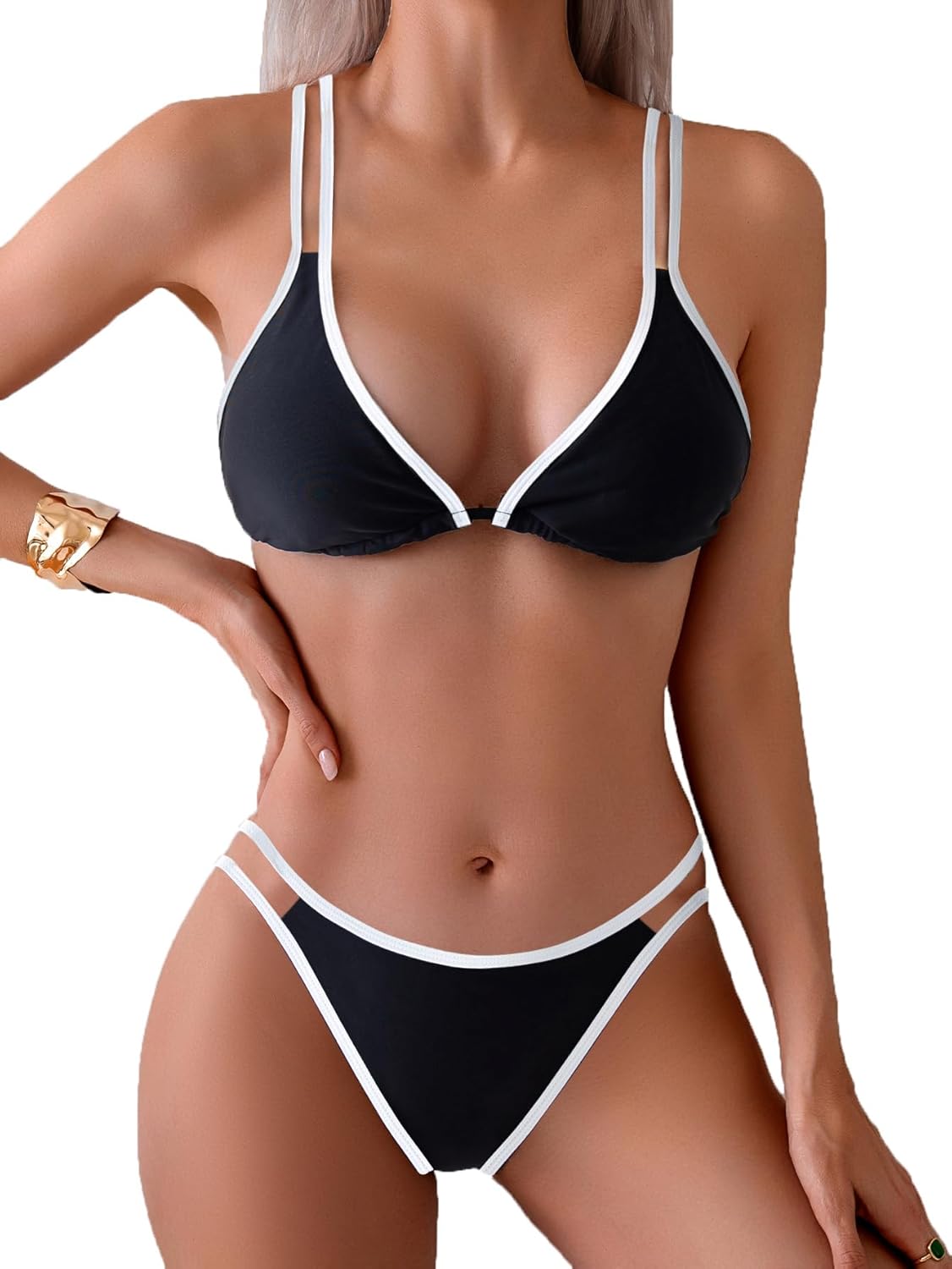 Limeeke Women's Sexy Bikini Sets Color Block Two Piece Swimsuit Triangle Top Spaghetti Strap Bathing Suit